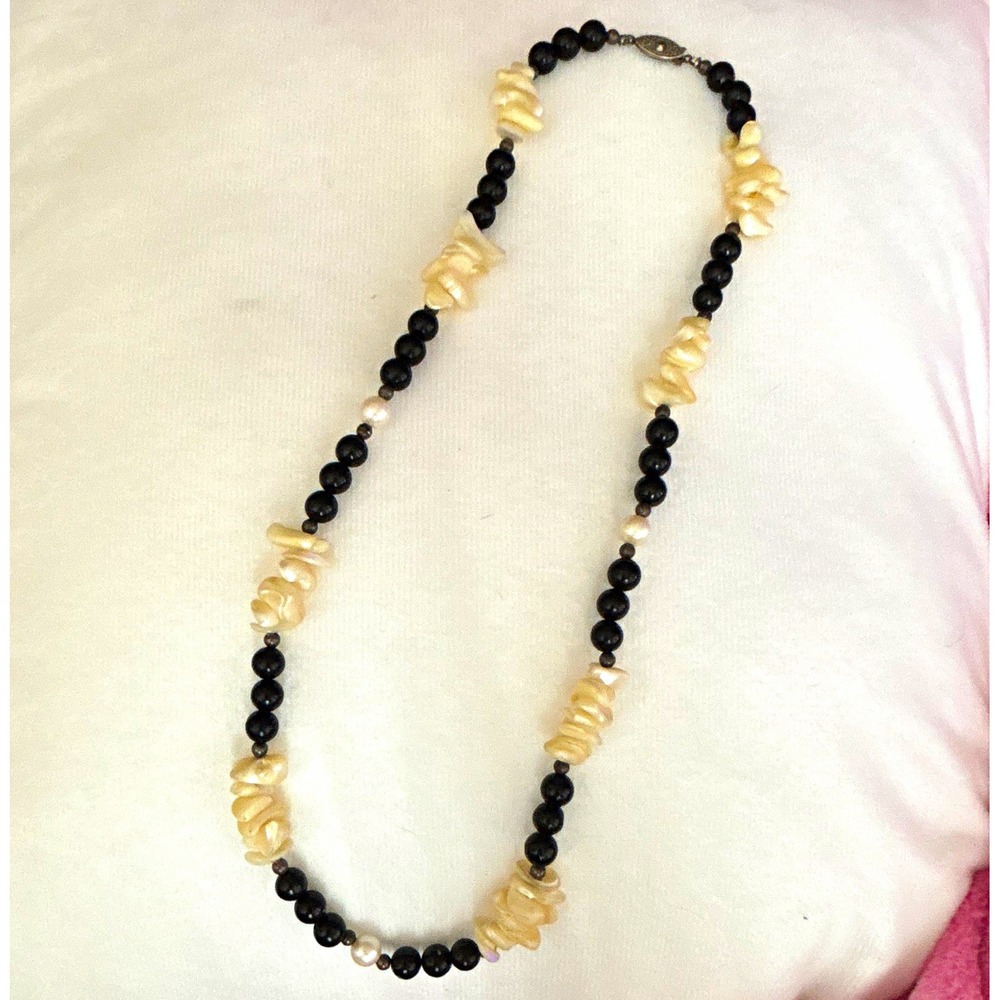 Vintage Black Bead and Cream Carved Shell Necklace Filigree Fishhook Clasp